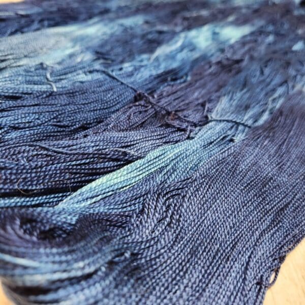 A close up of a bunch of blue dyed yarn.