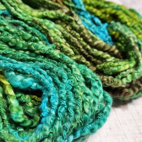 A close up of some green and blue yarn.