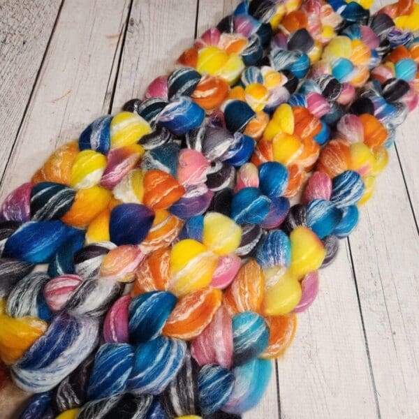 A colorful skein of yarn on a wooden table.