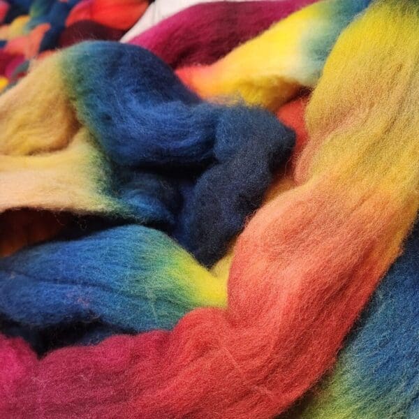 A pile of multicolored wool on a table.