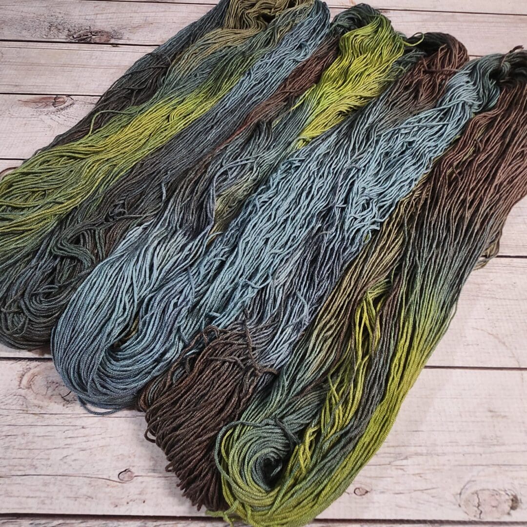 Variegated yarn skeins in earthy tones