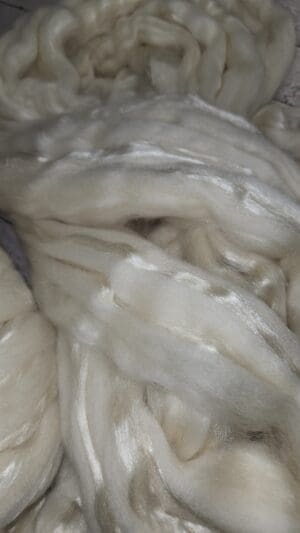 Shiny cream-colored fiber roving close-up